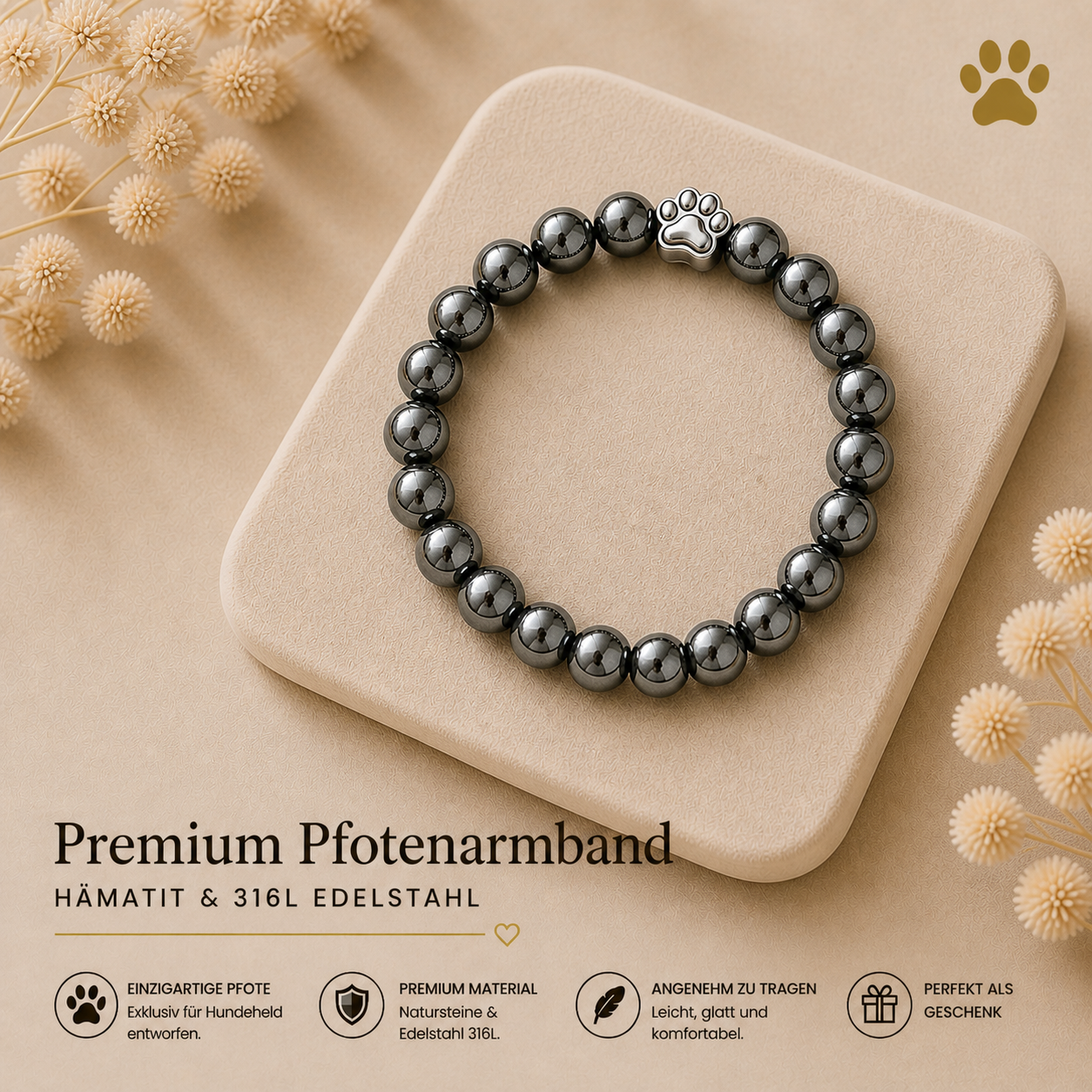 Premium Pfotenarmband Hämatit (PAPA) HUNDEHELD