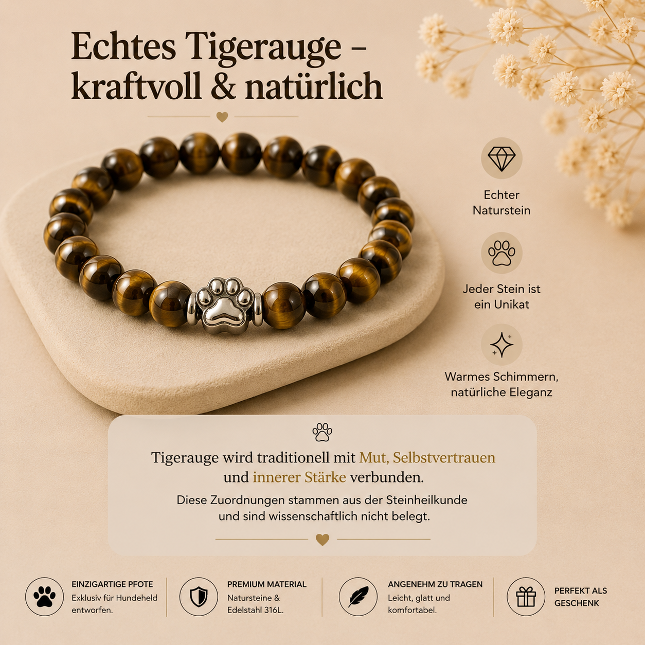 Premium Pfotenarmband Tigerauge HUNDEHELD